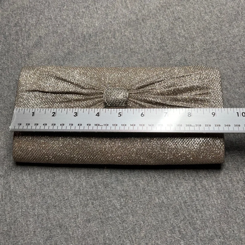 Gunne Sax Peyton Clutch Champagne Glitter Bow Rhinestone Chain Strap Evening Bag